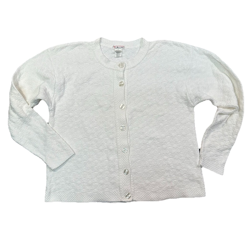 VTG Talbots White Cable Knit 100%‎ Cotton Blend Button-Up Cardigan Medium Preppy